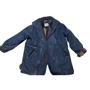 Vintage 90s Men Medium Denim Coat The Incrowd Aztec Lined Jacket Full Zip Chore